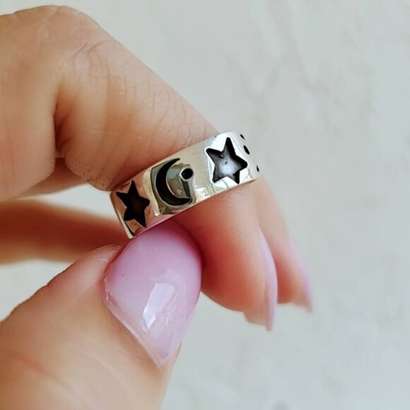Moon Star Ring Band, Celestial Ring, Crescent Ring, Sterling Silver Women Ring, - Picture 7 of 9